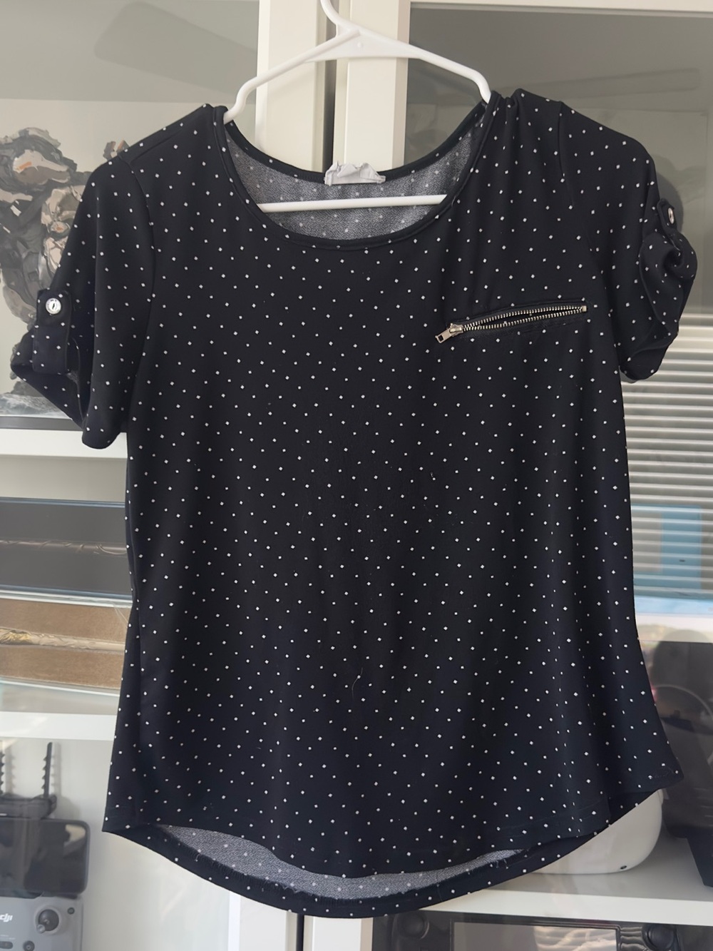 Black Polka Dot Short-Sleeve Blouse with Zip Detail